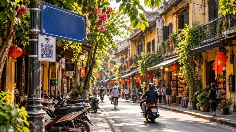 Phố cổ Hà Nội với biển QR minh họa cho phố thông minh