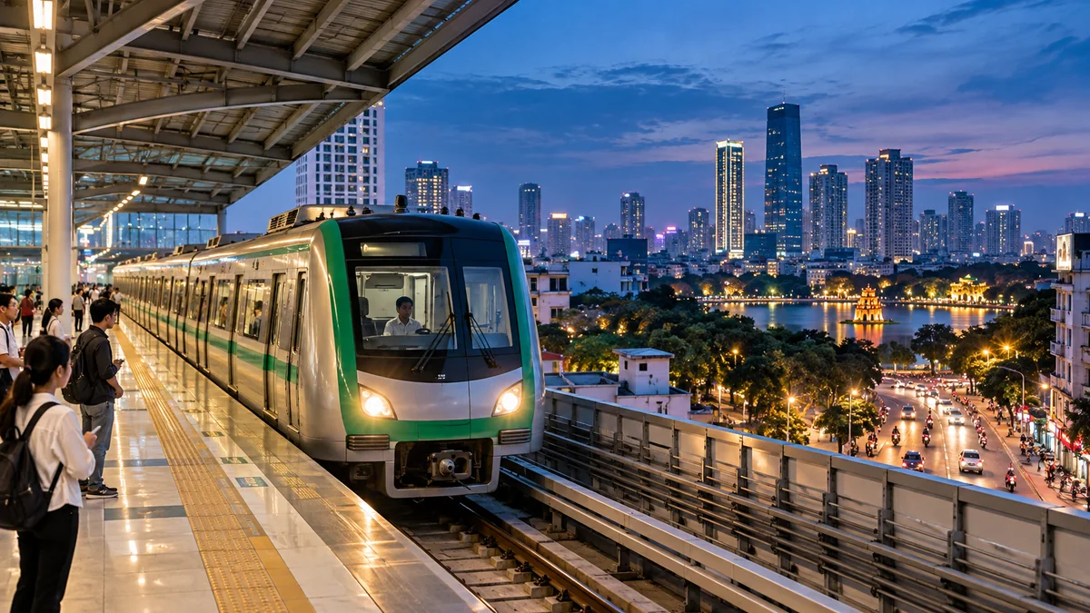 Tàu metro trên cao tại Hà Nội trong khung cảnh chiều tối
