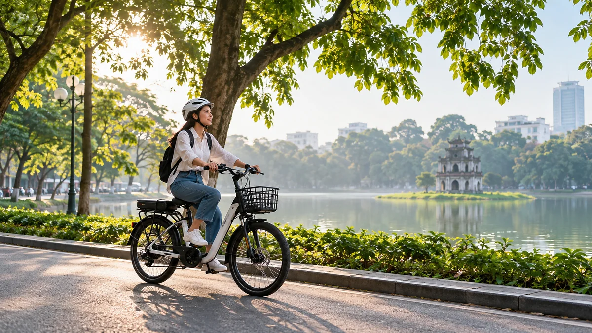 Người đi xe đạp điện bên hồ tại Hà Nội trong buổi sáng