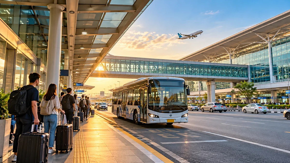 Xe buýt trung chuyển đón hành khách có vali trước nhà ga sân bay