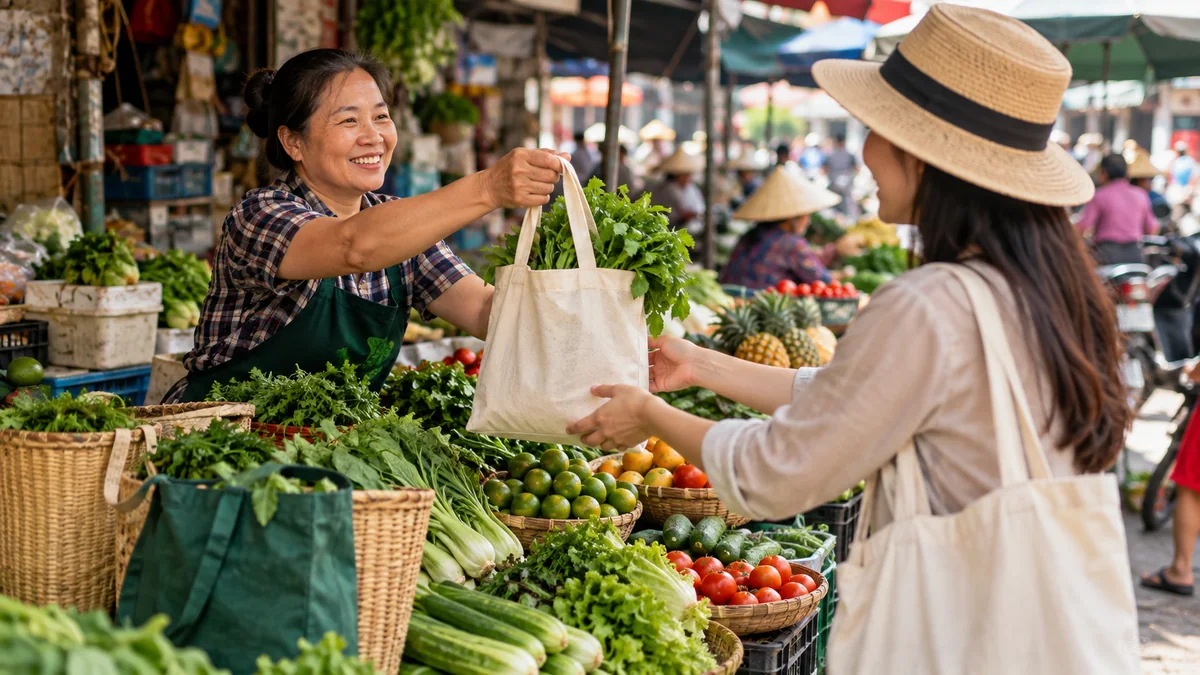Túi vải đựng rau xanh được trao tại một khu chợ Việt Nam