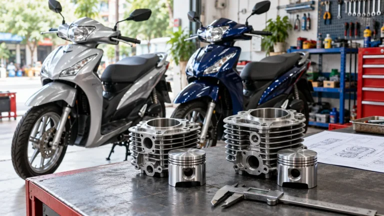 Cụm xi lanh và piston động cơ xe máy trên bàn kỹ thuật