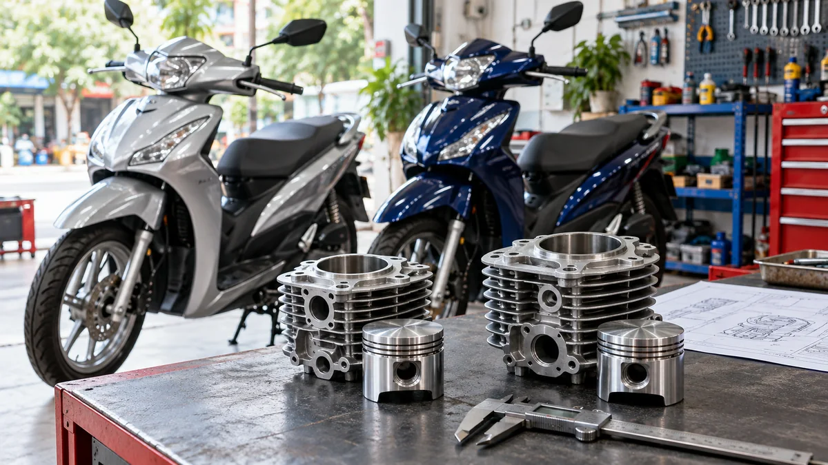 Cụm xi lanh và piston động cơ xe máy trên bàn kỹ thuật