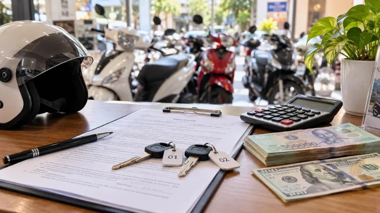 Tiền USD, tiền Việt Nam, chìa khóa xe và giấy thuê trên bàn giao dịch minh họa
