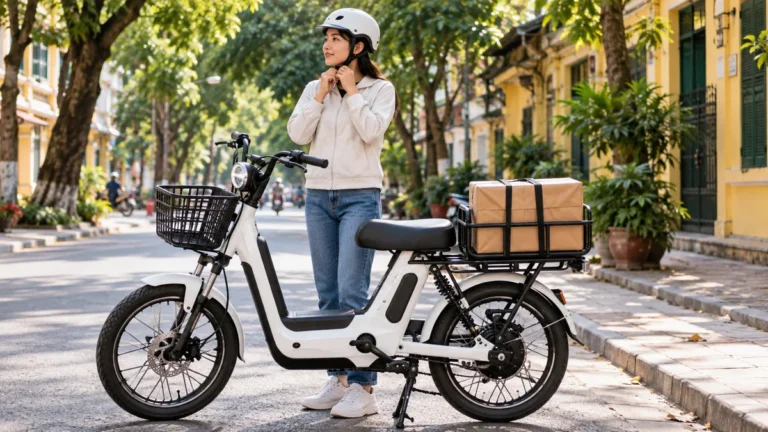 Xe đạp điện có thùng hàng buộc vào giá đỡ phía sau
