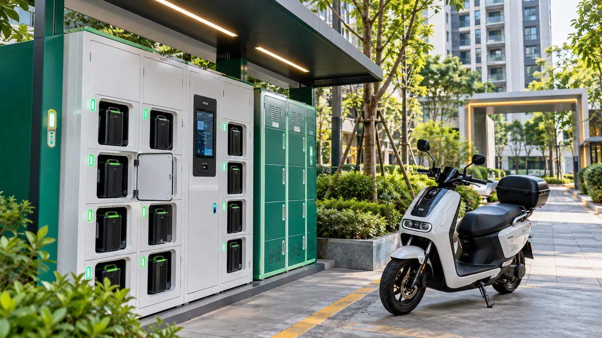 Tủ đổi pin xe máy điện đặt ngoài trời ở một khu dân cư