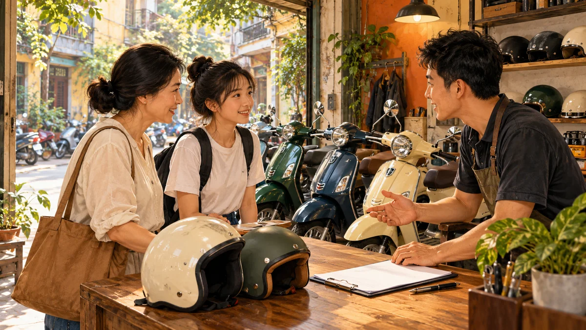 Minh họa phụ huynh cùng học sinh trao đổi thủ tục thuê xe tay ga 50cc.