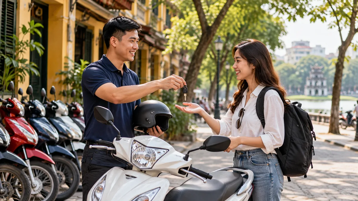 Khách nhận chìa khóa và mũ bảo hiểm bên xe tay ga, hình minh họa AI