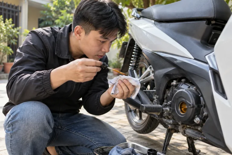 Hình minh họa: Kiểm tra mức nhớt xe máy: cách xem que thăm và kính thăm nhớt, đọc vạch Min–Max