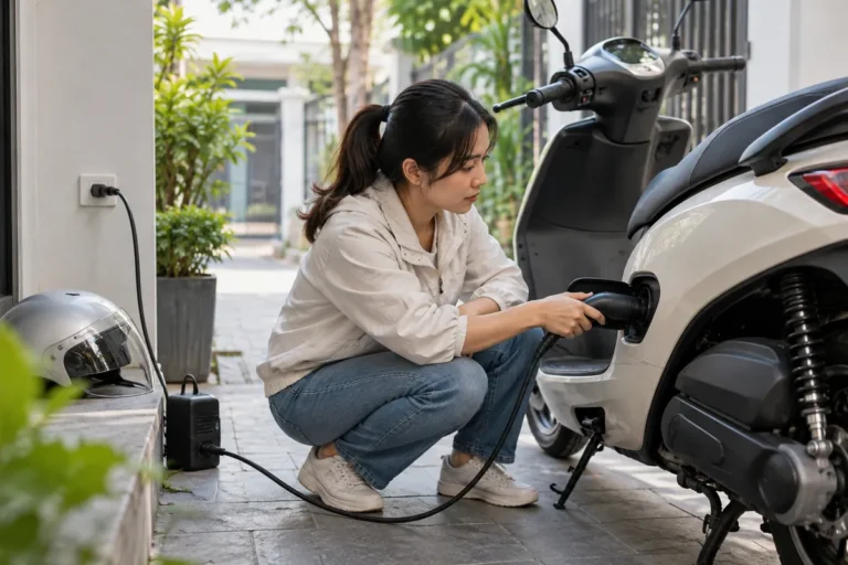Hình minh họa: Xe máy điện sạc không vào điện: thứ tự kiểm tra trước khi mang đi bảo hành