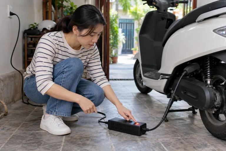 Hình minh họa: Đèn báo trên bộ sạc xe máy điện: đèn đỏ, đèn xanh và đèn nhấp nháy nghĩa là gì?
