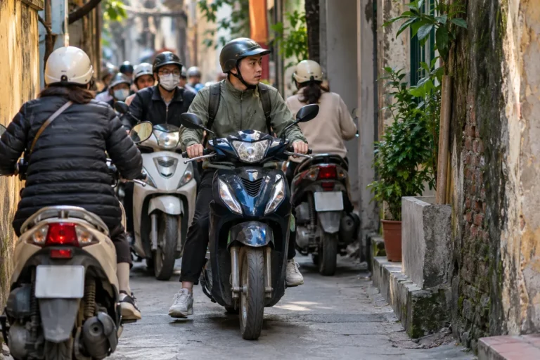Hình minh họa: Giữ thăng bằng khi đi chậm bằng xe máy: đường đông, ngõ hẹp, số thấp và tầm nhìn