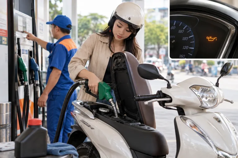 Hình minh họa: Honda SH Mode dùng xăng RON 92 hay 95 và nhớt gì: thông số theo sách hướng dẫn, kèm đèn THAY DẦU