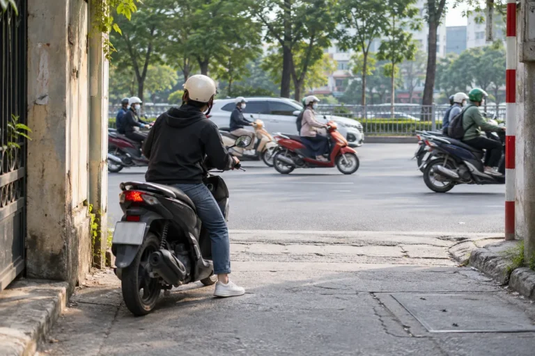 Hình minh họa: Đi từ ngõ ra đường chính bằng xe máy: dừng, quan sát hai bên và chọn lúc nhập dòng xe
