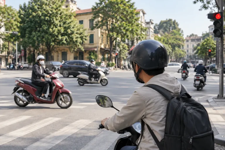 Hình minh họa: Qua ngã tư bằng xe máy: giảm tốc, nhìn xe cắt ngang bên trái trước và báo hiệu rẽ sớm