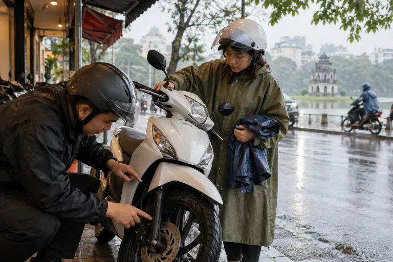 Hình minh họa: Thuê xe máy Hà Nội vào ngày mưa: khi nào nên lùi giờ nhận và kiểm tra gì trước khi chạy?