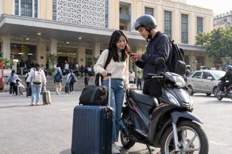 Hình minh họa: Nhận xe máy thuê sau khi xuống tàu ở ga Hà Nội: hẹn đúng cổng, gửi hành lý và trả xe