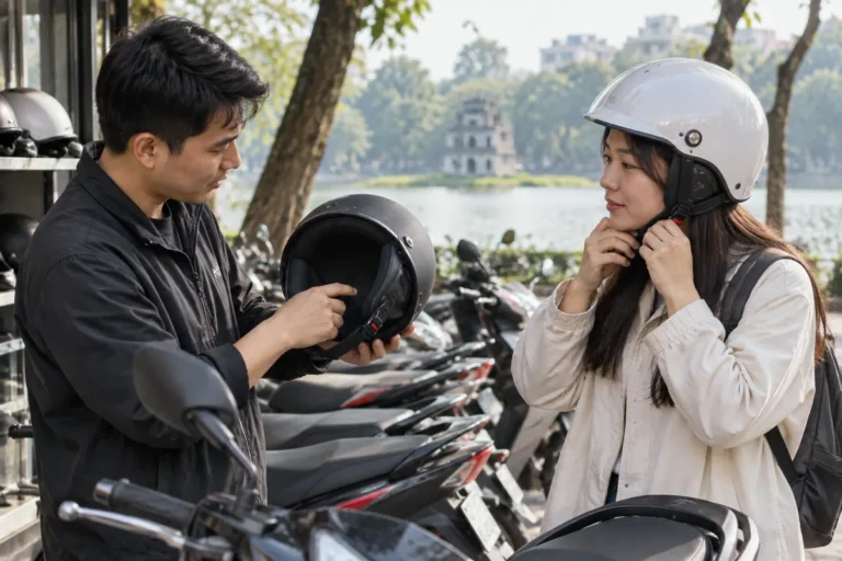 Hình minh họa: Mũ bảo hiểm đi kèm xe máy thuê: cách kiểm tra, thử vừa đầu và yêu cầu đổi mũ