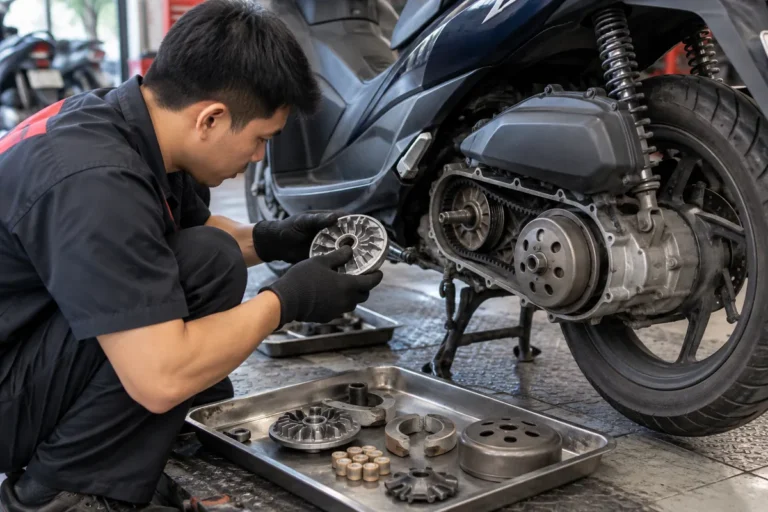 Hình minh họa: Bộ nồi xe tay ga: khi nào vệ sinh, khi nào thay và dấu hiệu bi nồi, bố ba càng, chuông nồi mòn