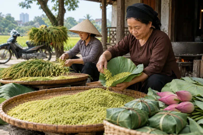 Hình minh họa: Nghề làm cốm Mễ Trì: từ thóc đông sữa đến mẻ cốm gói lá sen và thời điểm vào vụ