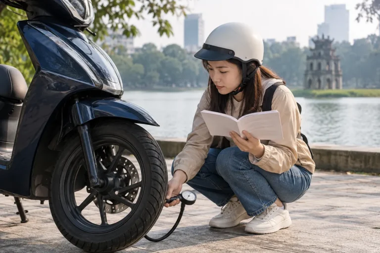 Hình minh họa: Áp suất lốp xe máy điện: mỗi mẫu một mức kPa, nên đọc trong sổ hướng dẫn của đúng xe