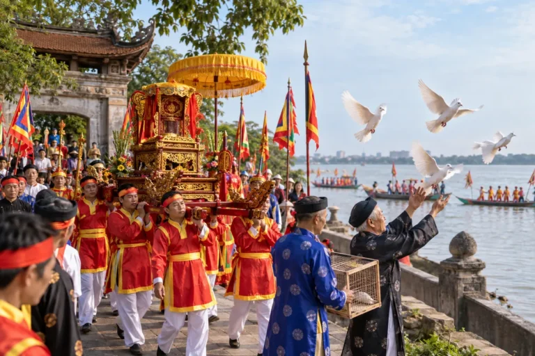 Hình minh họa: Lễ hội đình Chèm ở Thụy Phương: 14–16 tháng Năm âm lịch, rước nước, mộc dục và thả chim bồ câu