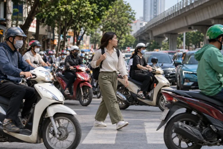Hình minh họa: Đi bộ và qua đường giữa dòng xe máy ở Việt Nam: vì sao các trang chính thức dặn nhìn mọi hướng