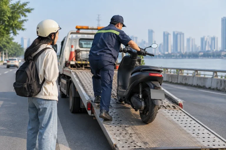 Hình minh họa: Xe máy điện hết pin hoặc xịt lốp giữa đường: dắt xe, kéo rê hay gọi xe chuyên chở?