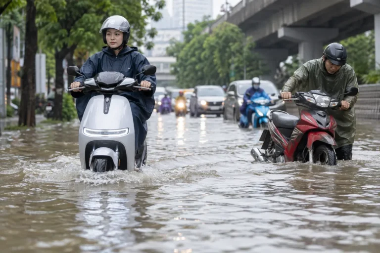 Hình minh họa: Vì sao xe điện ít chết máy khi ngập hơn xe xăng: không ống xả, không buồng đốt và giới hạn khi nước sâu hoặc ngập lâu