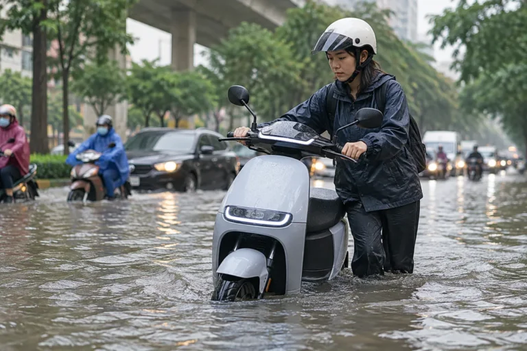 Hình minh họa: Xe máy điện ngập nước có sạc được không: tắt khóa, chờ khô và đưa xe đi kiểm tra theo Thanh Niên, VnExpress và hãng xe