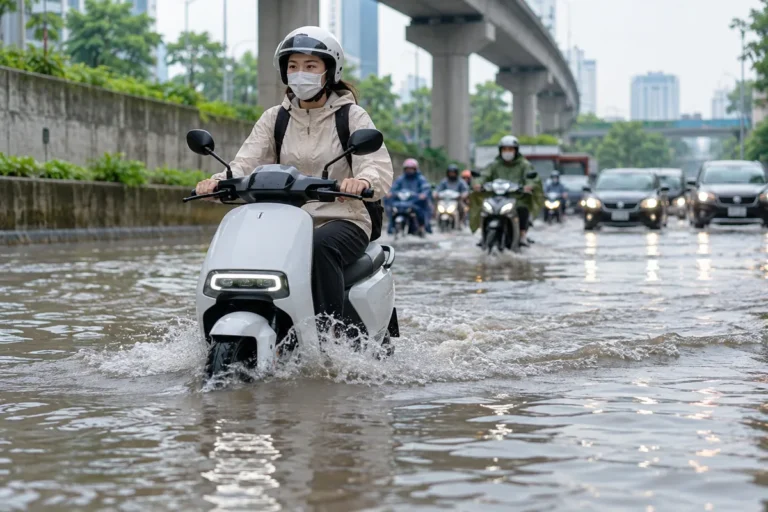 Hình minh họa: Xe máy điện lội nước sâu bao nhiêu thì đi được: 20–30 cm, nửa bánh, dưới 60 cm hay sáng gầm xe và vì sao các nguồn nêu khác nhau