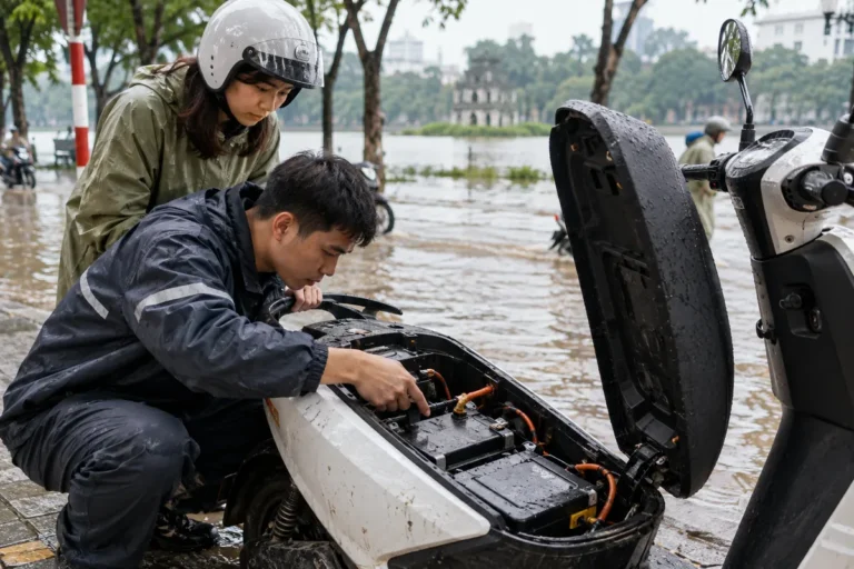 Hình minh họa: Dấu hiệu xe máy điện đã ngập nước: không nhận sạc, pin tụt nhanh, bộ điều khiển báo lỗi, mô-tơ kêu lạ và tay ga tự chạy theo báo và hãng