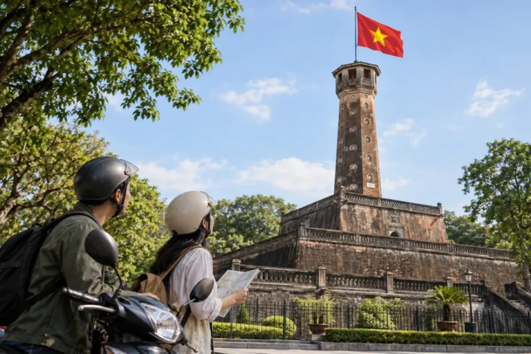 Hình minh họa: Cột cờ Hà Nội: Kỳ đài xây 1805–1812, cao 33,4 m, ba tầng đế, thân tám cạnh và 54 bậc thang
