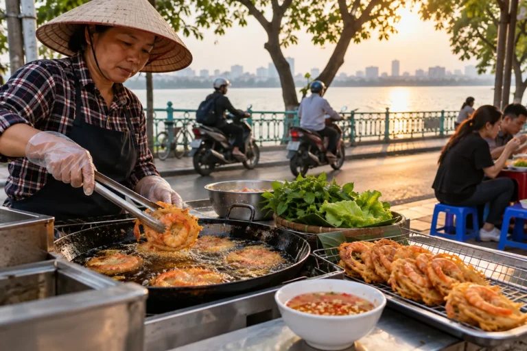 Hình minh họa: Bánh tôm Hồ Tây: món ăn từ những năm 1930 ở đường Cổ Ngư, nguyên liệu và cách ăn nóng chấm chua cay