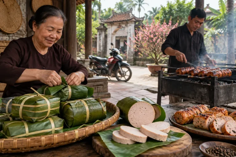 Hình minh họa: Giò chả Ước Lễ: nghề làng ở Thanh Oai, giò gói lá chuối, chả quế quay than hoa và Tết rằm tháng Giêng