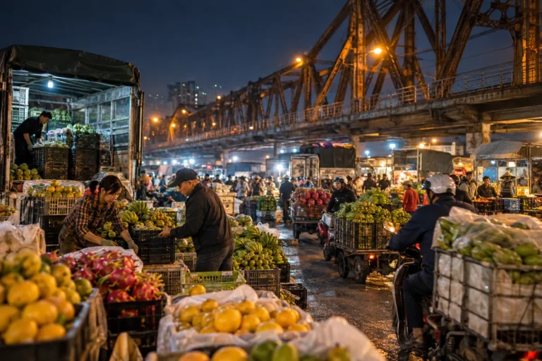 Hình minh họa: Chợ Long Biên Hà Nội: chợ đầu mối hoa quả dưới chân cầu, họp thâu đêm, cao điểm 0–2 giờ sáng và xuống cấp