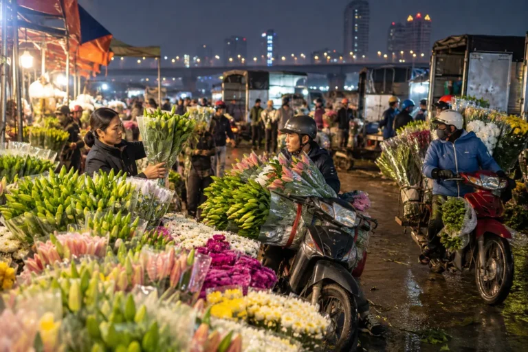Hình minh họa: Chợ hoa Quảng Bá: chợ bán buôn hoa lớn nhất miền Bắc họp từ 3–4 giờ sáng, mùa Tết họp thâu đêm