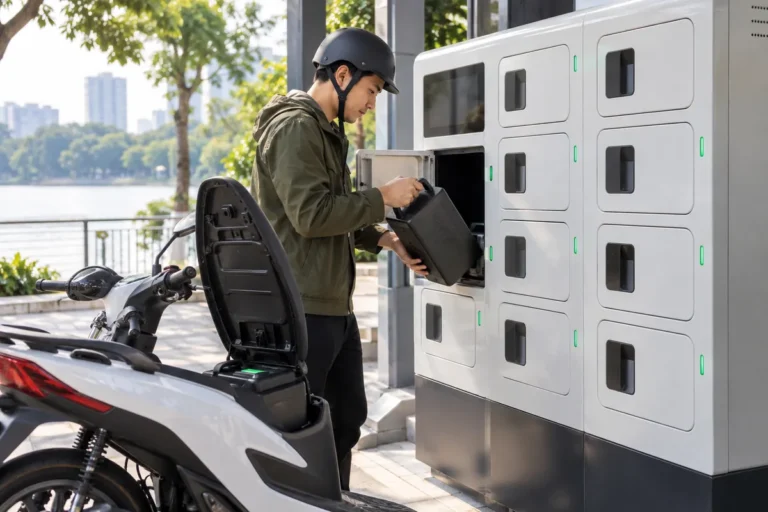 Hình minh họa: Tủ đổi pin xe máy điện V-GREEN: tủ 6 và 12 khoang, 1.000 W mỗi khoang và điều kiện pin được nhận