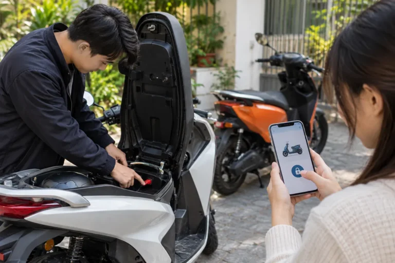 Hình minh họa: Tắt pin khi để xe lâu: công tắc pin dưới yên VinFast Feliz S và khóa pin trên app Dat Bike