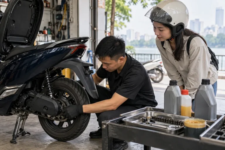 Hình minh họa: Xe máy điện có cần thay nhớt không: dầu hộp số, dầu phanh và mỡ xích trên từng mẫu xe