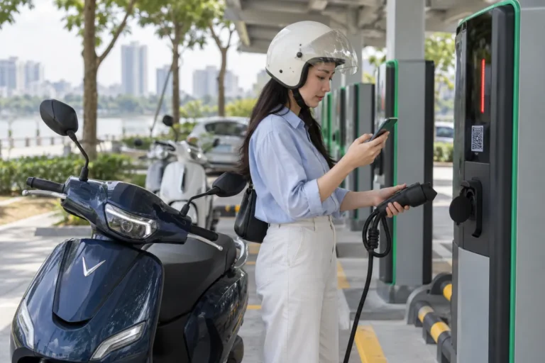 Hình minh họa: Sạc xe máy điện VinFast tại trụ sạc V-GREEN: mang bộ sạc, quét QR trên ứng dụng và chờ đèn đỏ báo sạc