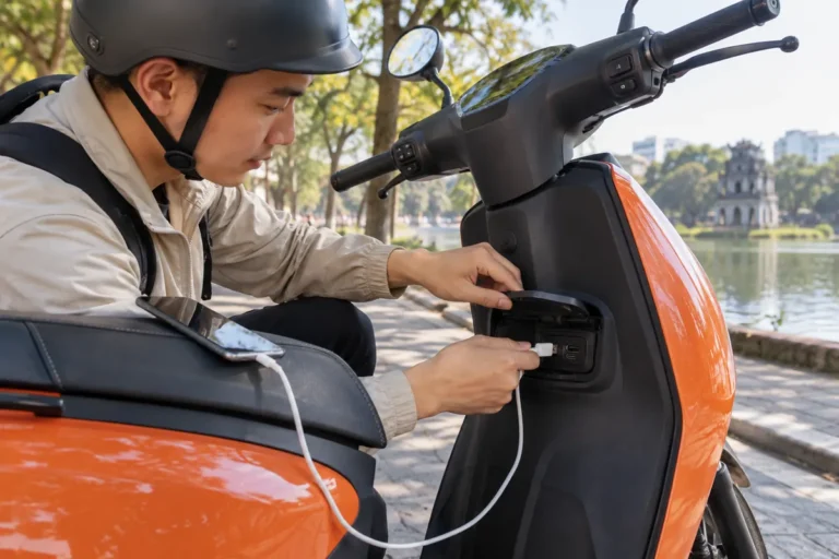 Hình minh họa: Ổ cắm USB trên xe máy điện: Dat Bike ghi 18W, chỉ hoạt động khi bật xe, đóng nắp khi rửa xe