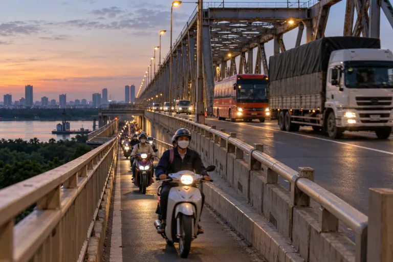 Hình minh họa: Cầu Thăng Long tháng 10–12/2026: thi công đêm từ 22/10, cấm xe tải và xe khách đến 10/11, xe máy đi tầng dưới