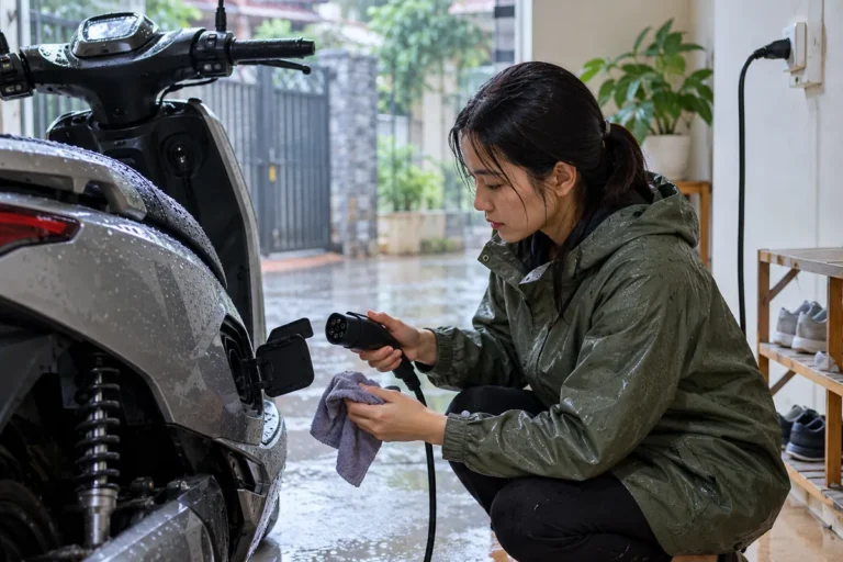 Hình minh họa: Sạc xe máy điện lúc trời nồm ẩm: Yadea, Yamaha và PCCC dặn gì về ổ cắm, cổng sạc và pin bị ướt