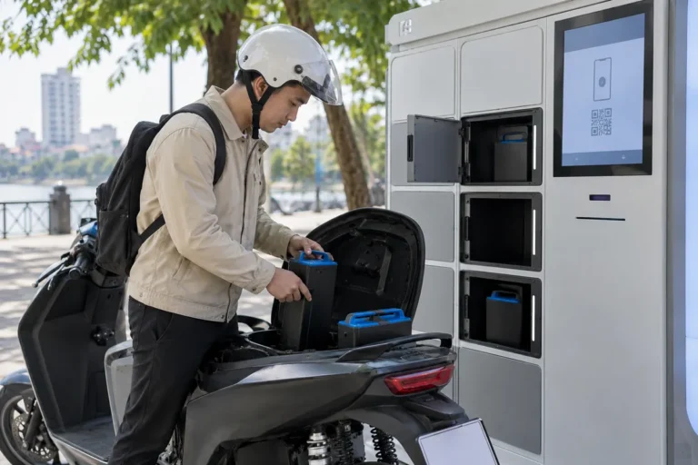 Hình minh họa: Đổi pin tại trạm tự động Selex: các bước trên màn hình, đổi hai pin liền nhau và khi trạm báo lỗi
