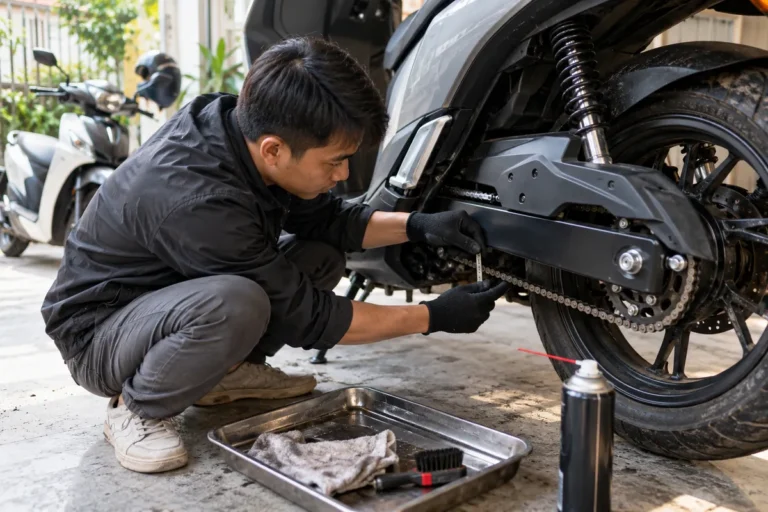 Hình minh họa: Xích xe máy điện: độ chùng tiêu chuẩn, dầu bôi trơn và dấu hiệu mòn theo sổ Theon và Quantum