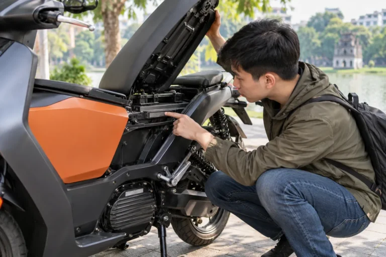 Hình minh họa: Số khung, số động cơ xe máy điện Dat Bike khắc ở đâu: VIN dưới yên và số trên cụm động cơ