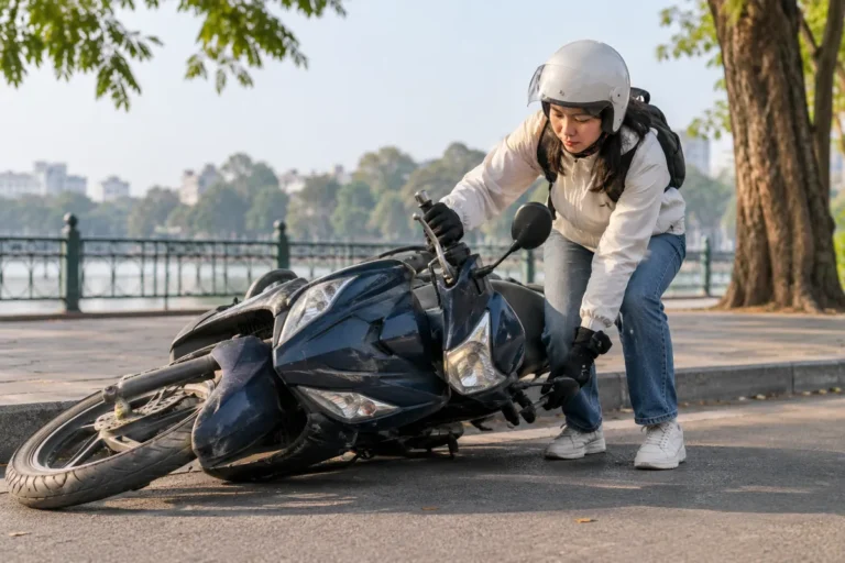 Hình minh họa: Xe máy bị đổ khi đang dừng: tắt khóa điện trước, dựng xe lên thế nào và kiểm tra gì trước khi chạy tiếp theo Honda