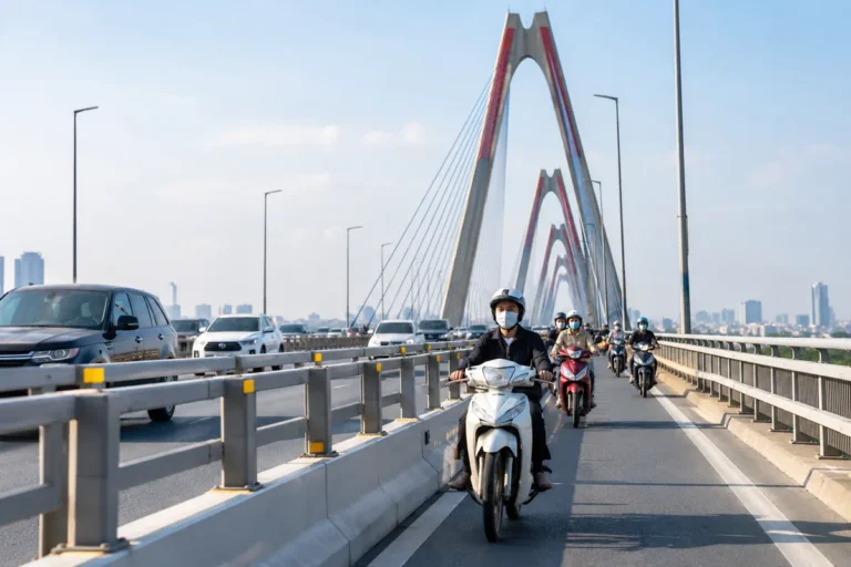 Hình minh họa: Làn xe máy trên cầu Nhật Tân: tối đa 40 km/h, rào cứng tách làn và thí điểm từ 27/9/2026