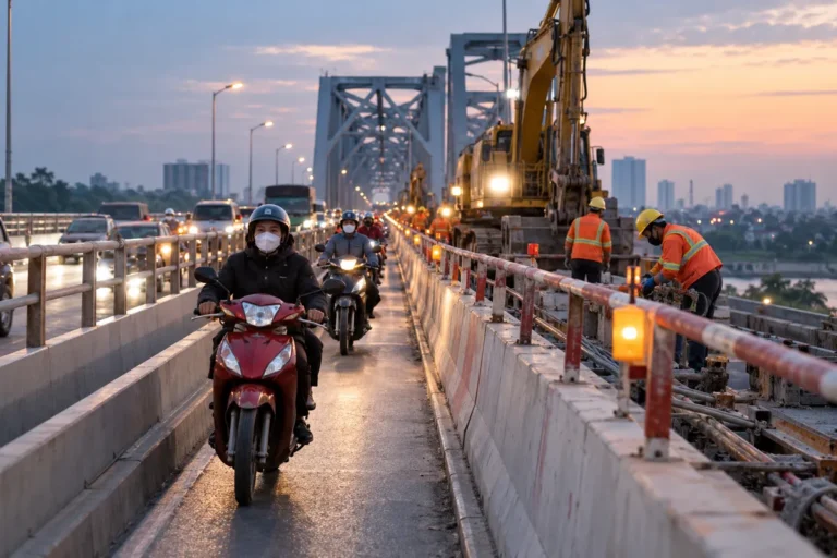 Hình minh họa: Xe máy qua cầu Thanh Trì khi sửa chữa: 40 km/h, làm đêm 21h–5h, làn xe máy có thể hẹp đến 25/12/2026